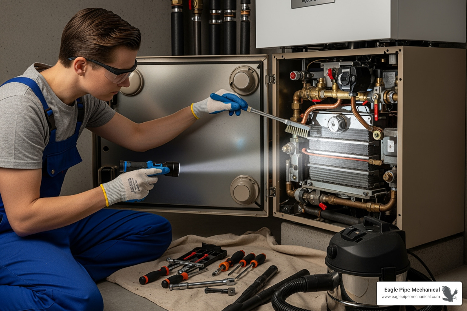 technician cleaning a boiler's internal components - boiler maintenance kitsap county