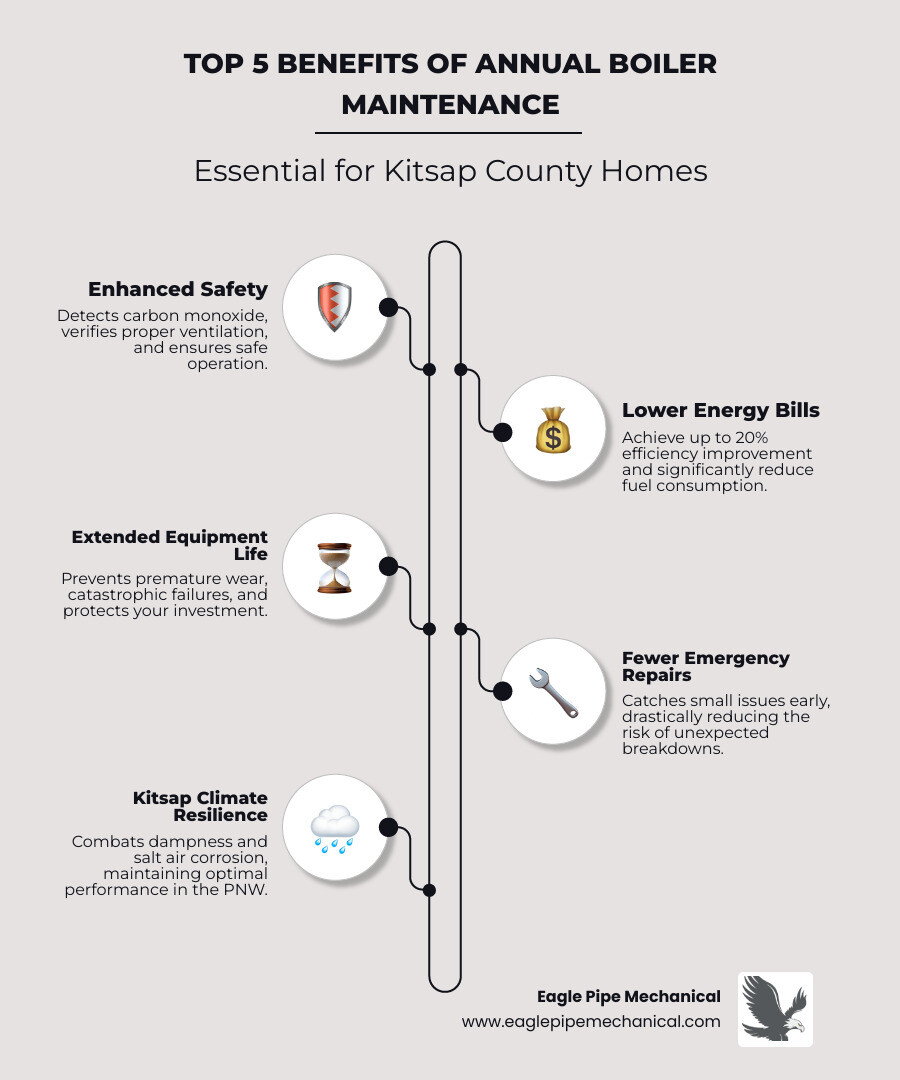 Infographic showing the top 5 benefits of annual boiler maintenance: 1. Enhanced Safety - Carbon monoxide detection and prevention, proper ventilation verification; 2. Lower Energy Bills - Up to 20% efficiency improvement, reduced fuel consumption; 3. Extended Equipment Life - Prevents premature failure, protects your investment; 4. Fewer Emergency Repairs - Catches problems early, reduces breakdown risk; 5. Kitsap Climate Protection - Addresses dampness and salt air corrosion, maintains optimal performance - boiler maintenance kitsap county infographic infographic-line-5-steps-elegant_beige