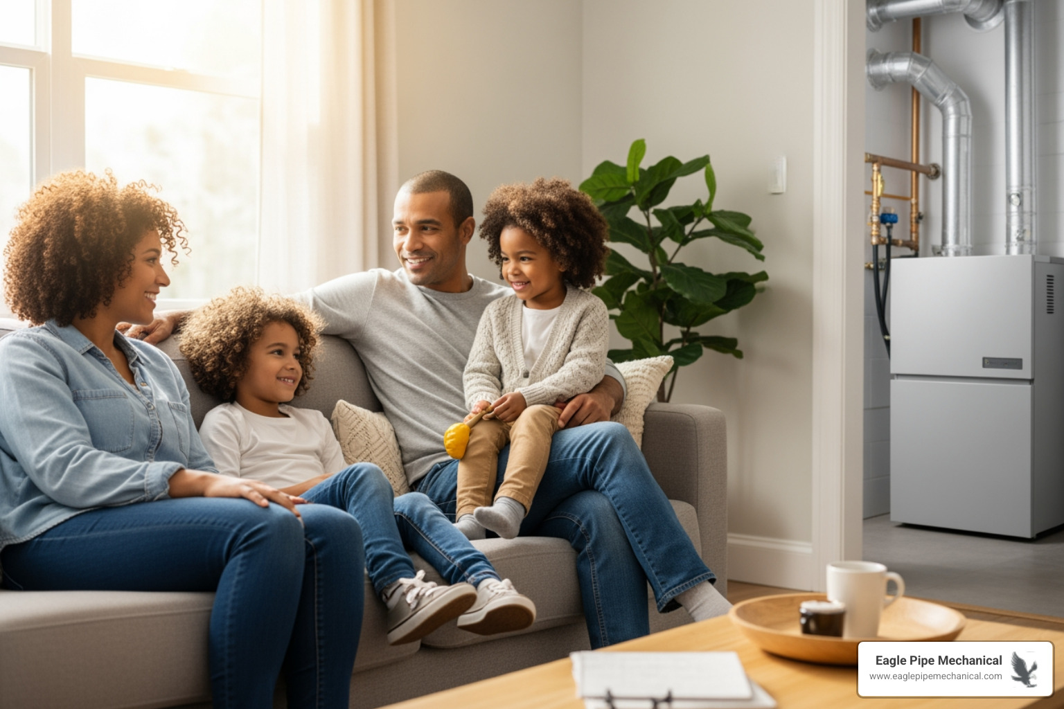 infographic showing three benefits of a new furnace: lower energy bills with dollar sign and downward arrow, improved reliability with checkmark and furnace icon, and better indoor air quality with lungs and clean air symbols - affordable furnace installation in silverdale, wa