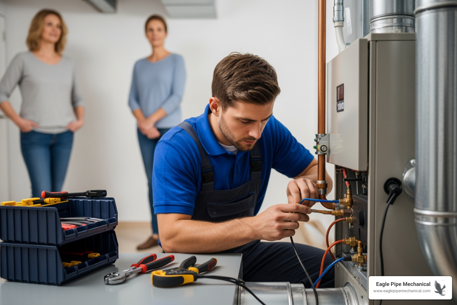 Infographic showing the 5 key stages of professional furnace installation: Stage 1 - Home Assessment and Load Calculation with technician measuring rooms; Stage 2 - Old Furnace Removal showing safe disconnection; Stage 3 - New Unit Installation depicting proper placement and connections; Stage 4 - Safety Testing with carbon monoxide detector and pressure gauges; Stage 5 - Homeowner Walkthrough showing technician explaining thermostat operation. Each stage includes key safety checkpoints and estimated timeframes. - furnace installation in port orchard, wa Infographic showing the 5 key stages of professional furnace installation: Stage 1 - Home Assessment and Load Calculation with technician measuring rooms; Stage 2 - Old Furnace Removal showing safe disconnection; Stage 3 - New Unit Installation depicting proper placement and connections; Stage 4 - Safety Testing with carbon monoxide detector and pressure gauges; Stage 5 - Homeowner Walkthrough showing technician explaining thermostat operation. Each stage includes key safety checkpoints and estimated timeframes. - furnace installation in port orchard, wa