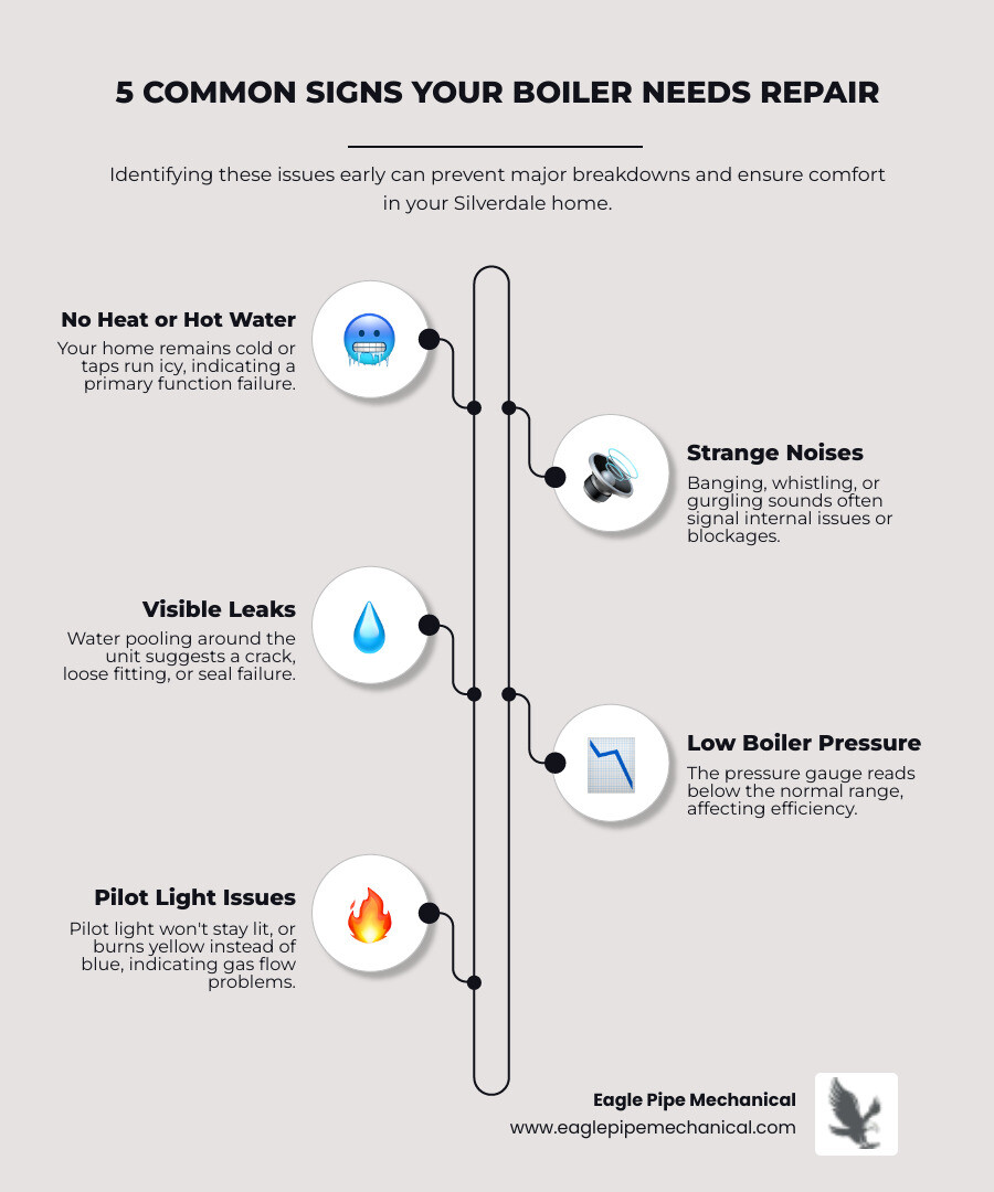 Infographic showing the 5 most common signs a boiler needs repair: no heat or hot water, strange noises like banging or whistling, visible leaks or dripping water, low boiler pressure on the gauge, and pilot light issues with yellow flame or frequent outages - boiler repair in silverdale, wa infographic infographic-line-5-steps-elegant_beige Infographic showing the 5 most common signs a boiler needs repair: no heat or hot water, strange noises like banging or whistling, visible leaks or dripping water, low boiler pressure on the gauge, and pilot light issues with yellow flame or frequent outages - boiler repair in silverdale, wa infographic infographic-line-5-steps-elegant_beige
