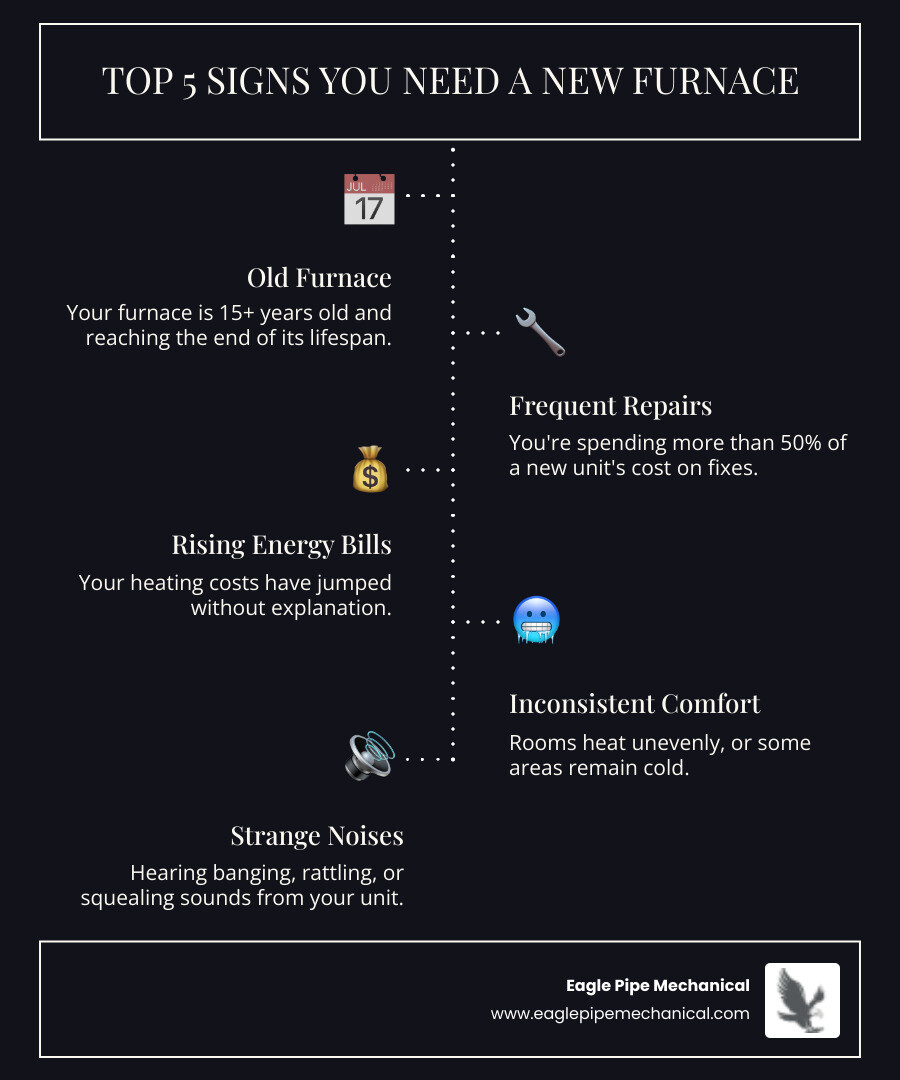 Infographic showing the top 5 signs you need a new furnace: age over 15 years, frequent repairs, rising energy bills, uneven heating, and strange noises - furnace replacement in silverdale, wa infographic infographic-line-5-steps-dark