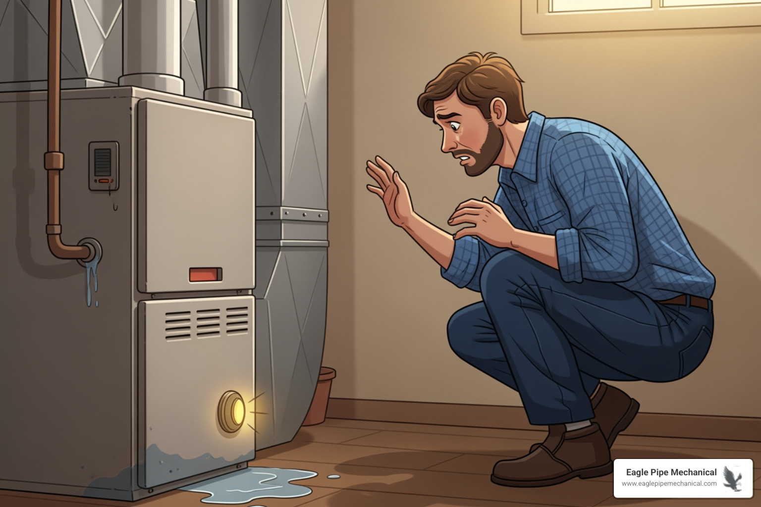 Infographic showing 5 critical furnace warning signs: 1. No Heat - furnace runs but blows cold air or won't start at all; 2. Strange Noises - banging, screeching, or rattling sounds indicating mechanical failure; 3. Odd Smells - burning plastic/rubber or rotten eggs suggesting gas leak; 4. CO Alarm - carbon monoxide detector sounds requiring immediate evacuation; 5. Water Leaks - pooling water around furnace base risking property damage - 24 hour furnace repair in silverdale, wa
