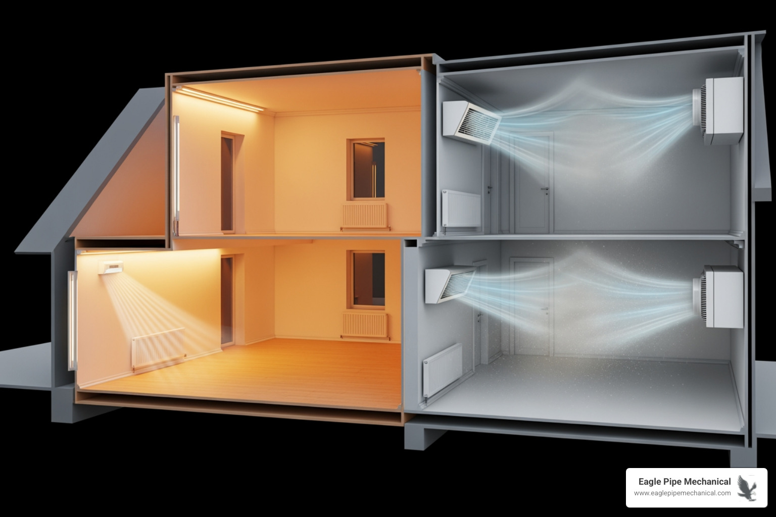 Infographic comparing radiant boiler heat versus forced-air furnace heat, showing side-by-side homes with boiler system delivering even warmth through radiators or radiant floors on left, and furnace system blowing heated air through ducts on right, with callouts highlighting boiler benefits of silent operation, no dust circulation, consistent temperature, improved air quality, and higher efficiency versus furnace benefits of faster heating and lower upfront cost - boiler installation in poulsbo, wa Infographic comparing radiant boiler heat versus forced-air furnace heat, showing side-by-side homes with boiler system delivering even warmth through radiators or radiant floors on left, and furnace system blowing heated air through ducts on right, with callouts highlighting boiler benefits of silent operation, no dust circulation, consistent temperature, improved air quality, and higher efficiency versus furnace benefits of faster heating and lower upfront cost - boiler installation in poulsbo, wa