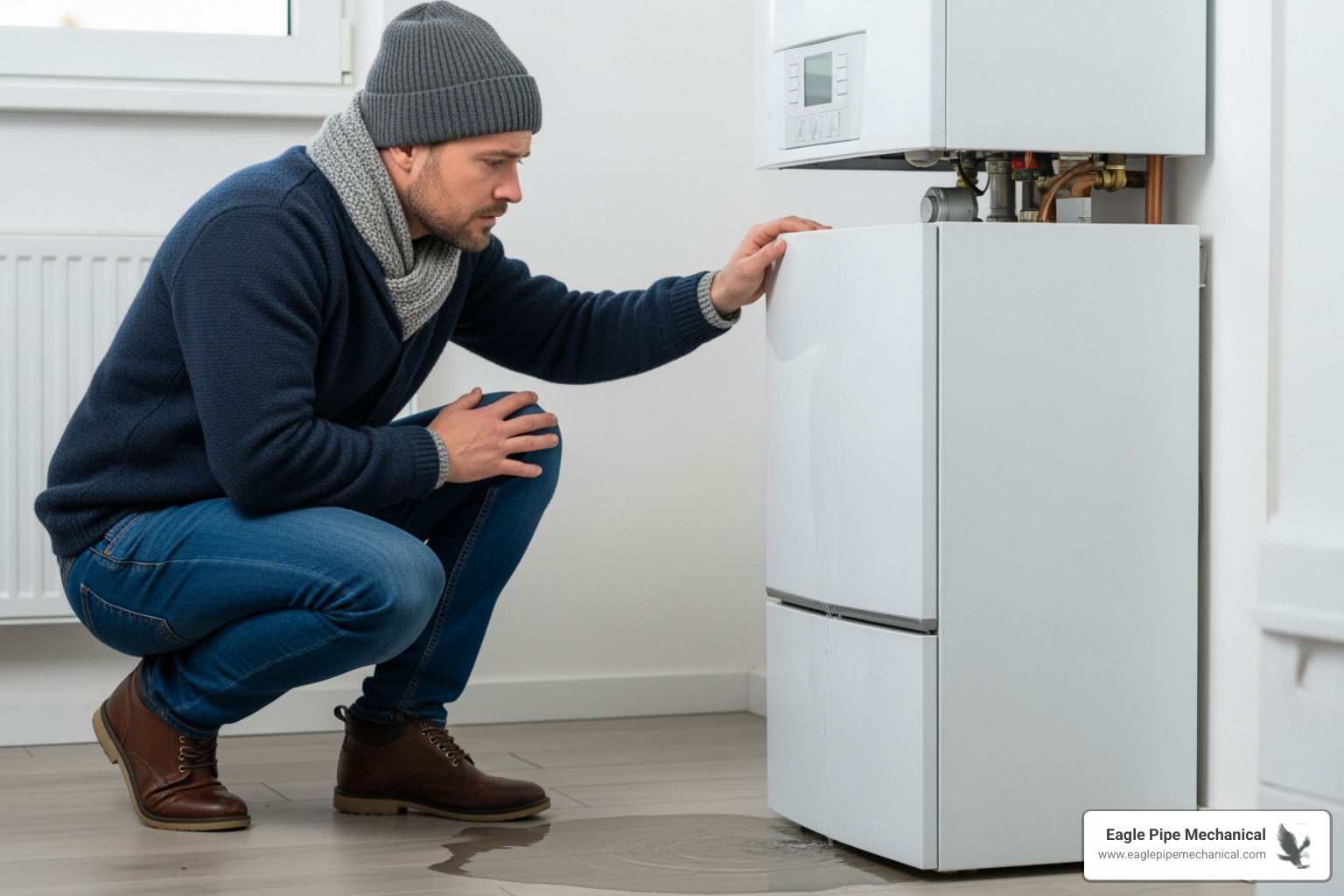 Infographic showing three critical boiler emergency signs: no heat or hot water during cold weather, strange banging or gurgling noises from the unit, and visible water leaks around the boiler with pressure gauge readings below normal range - 24 hour boiler service in bremerton, wa Infographic showing three critical boiler emergency signs: no heat or hot water during cold weather, strange banging or gurgling noises from the unit, and visible water leaks around the boiler with pressure gauge readings below normal range - 24 hour boiler service in bremerton, wa