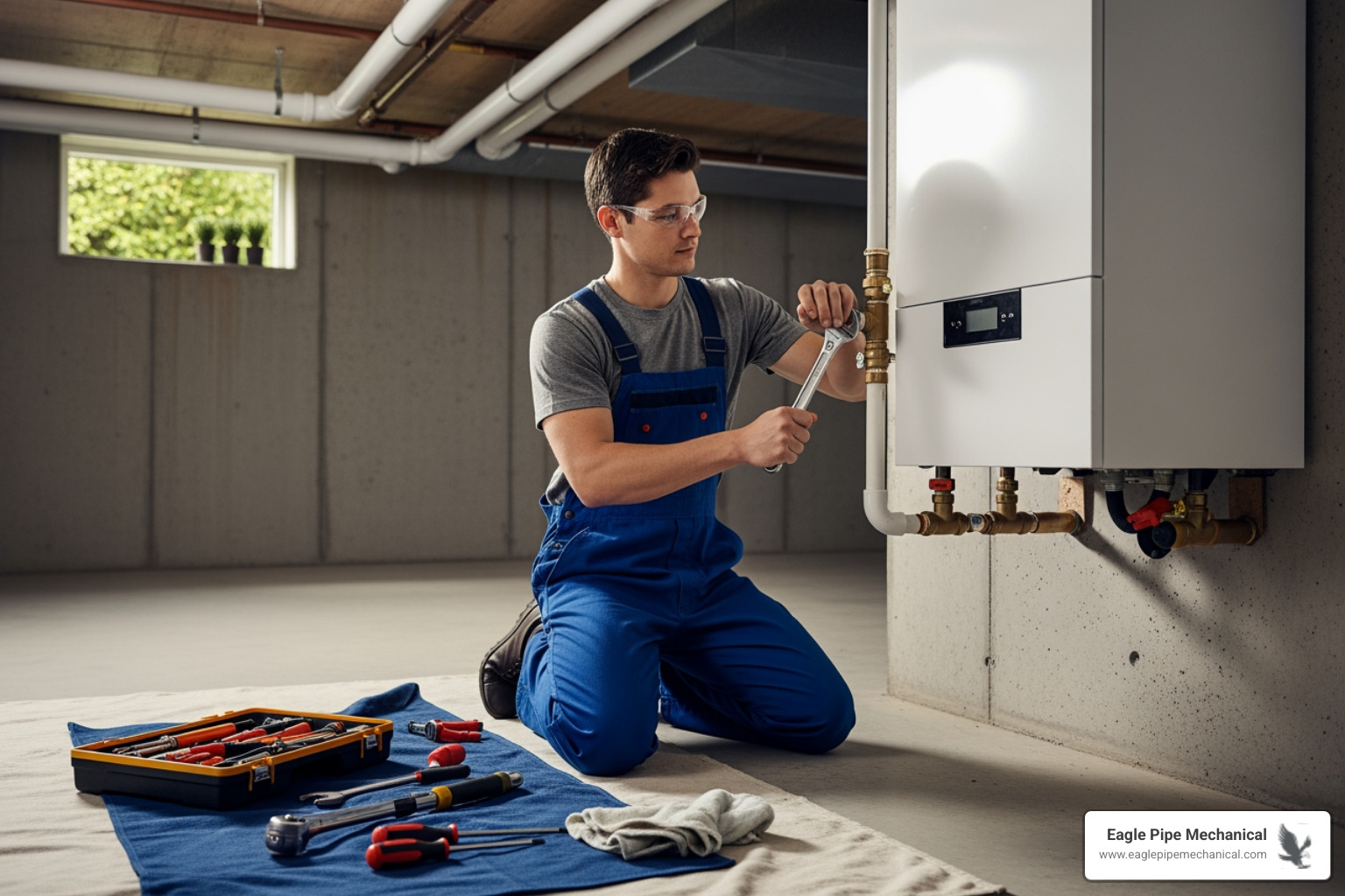 Infographic showing the key components of annual boiler maintenance in Poulsbo, including visual inspection for leaks and corrosion, pressure relief valve testing, internal component cleaning, flue and heat exchanger inspection, thermostat and control testing, safety operation verification, and efficiency measurement, with notes on manufacturer warranty requirements and recommended pre-winter scheduling - boiler service in poulsbo, wa