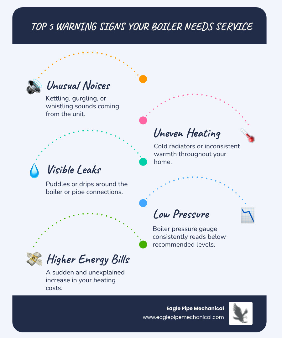Infographic showing the top 5 warning signs that your boiler needs professional service: unusual noises like kettling or whistling, uneven heating or cold radiators, visible water leaks around the unit, low boiler pressure readings, and sudden increases in energy bills - boiler service in silverdale, wa infographic infographic-line-5-steps-blues-accent_colors