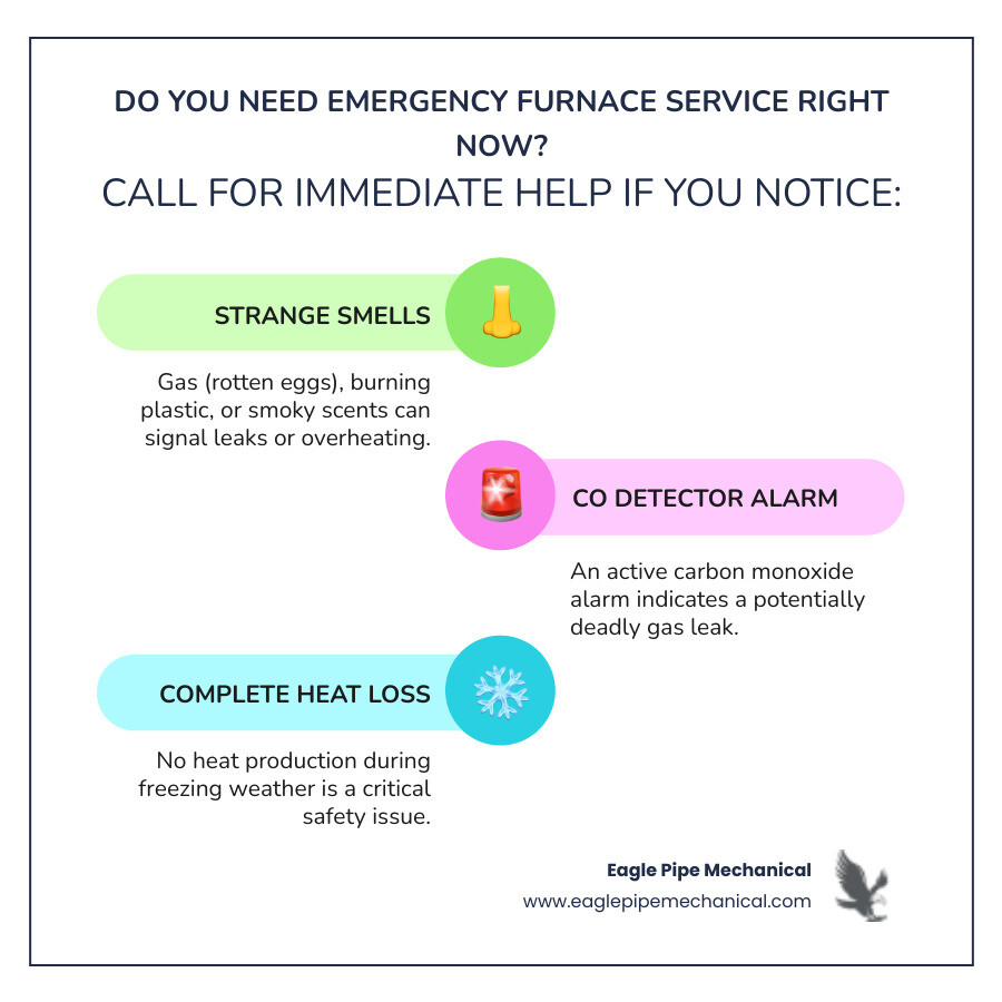 Infographic showing three urgent furnace warning signs: gas or burning smell with a nose icon, carbon monoxide alarm sounding with a detector icon, and complete loss of heat with a thermometer showing cold temperature. Each sign is labeled as requiring immediate professional attention. - 24 hour furnace maintenance in poulsbo, wa infographic infographic-line-3-steps-colors