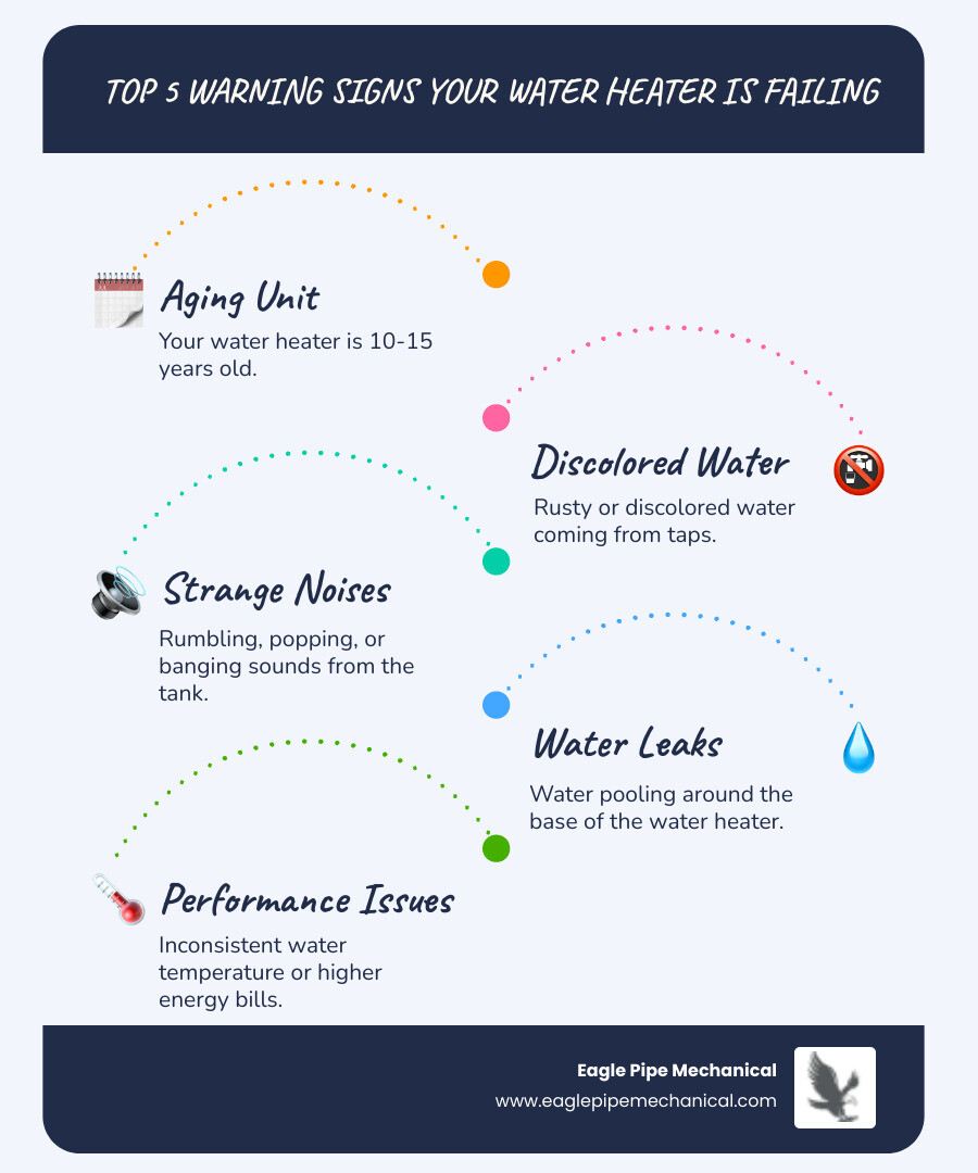 Infographic showing the top 5 warning signs your water heater is about to fail: 1) Unit is 10-15 years old, 2) Rusty or discolored water from taps, 3) Rumbling, popping, or banging noises, 4) Water pooling around the base, 5) Inconsistent water temperature or higher energy bills - water heater installation silverdale wa infographic infographic-line-5-steps-blues-accent_colors Infographic showing the top 5 warning signs your water heater is about to fail: 1) Unit is 10-15 years old, 2) Rusty or discolored water from taps, 3) Rumbling, popping, or banging noises, 4) Water pooling around the base, 5) Inconsistent water temperature or higher energy bills - water heater installation silverdale wa infographic infographic-line-5-steps-blues-accent_colors