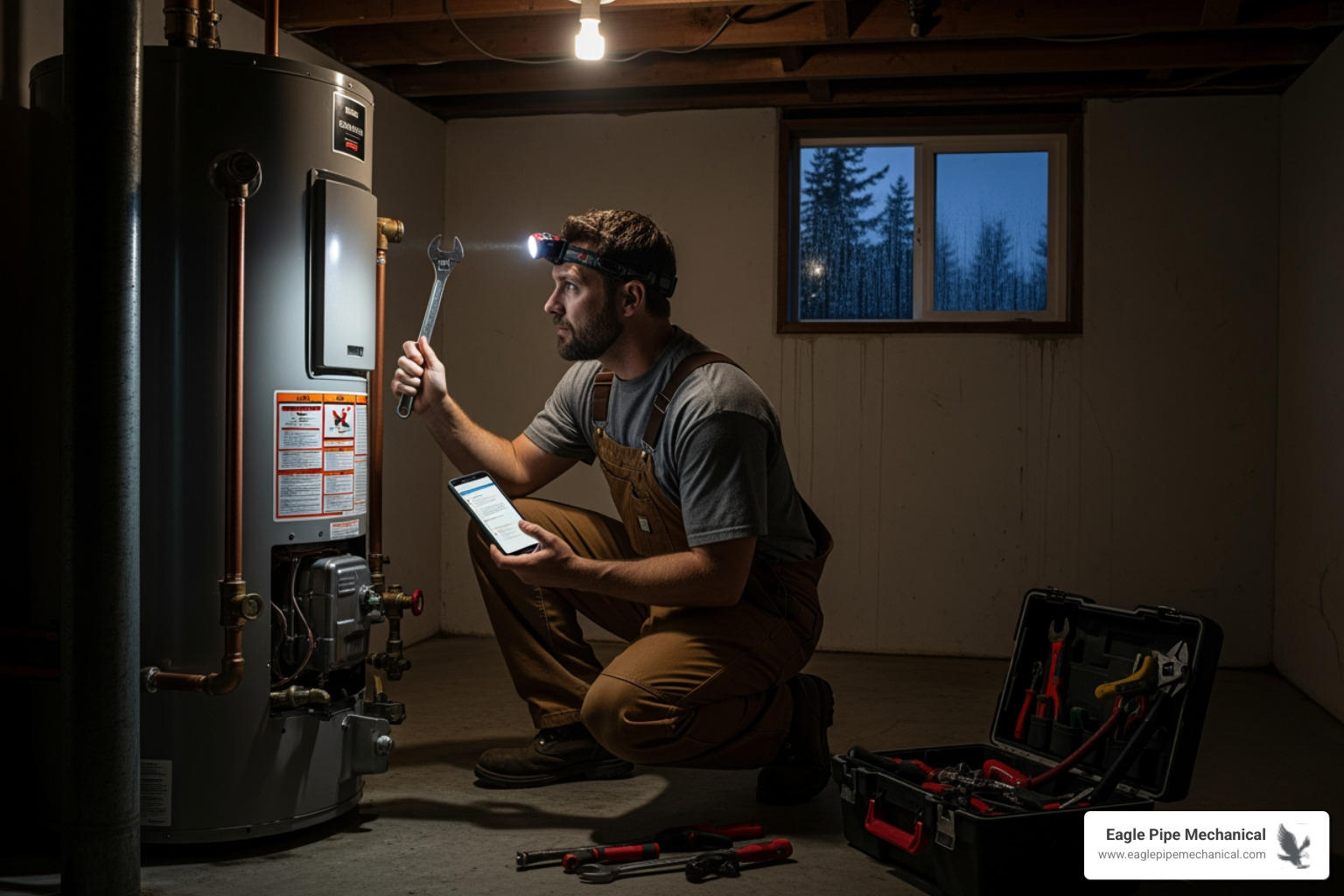 Infographic showing 3 emergency steps for water heater failure: Step 1 shows a hand turning off the cold water inlet valve on a water heater tank. Step 2 displays an electrical panel with a breaker being switched off and a gas valve being turned to off position. Step 3 shows a phone with a local Poulsbo plumber contact and a technician arriving at a home. Icons emphasize safety and quick action. - 24 hour water heater repair in poulsbo, wa Infographic showing 3 emergency steps for water heater failure: Step 1 shows a hand turning off the cold water inlet valve on a water heater tank. Step 2 displays an electrical panel with a breaker being switched off and a gas valve being turned to off position. Step 3 shows a phone with a local Poulsbo plumber contact and a technician arriving at a home. Icons emphasize safety and quick action. - 24 hour water heater repair in poulsbo, wa