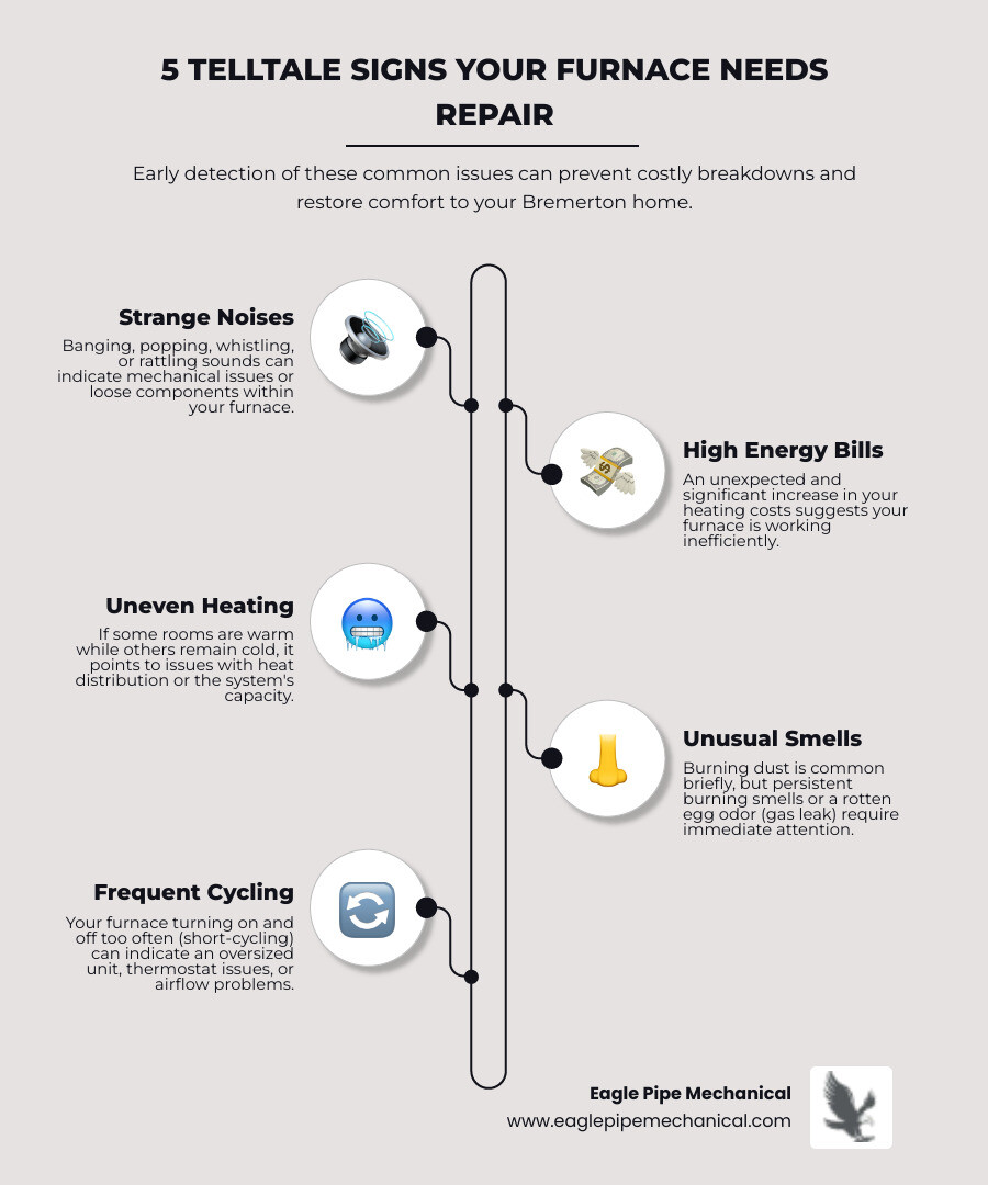 infographic showing five warning signs your furnace needs repair: unusual noises like banging or popping, unexplained increases in energy bills, cold spots or uneven heating throughout the home, strange smells including burning dust or rotten egg odors, and frequent on-off cycling of the system - "I need to find a company for furnace repair in Bremerton." infographic infographic-line-5-steps-elegant_beige