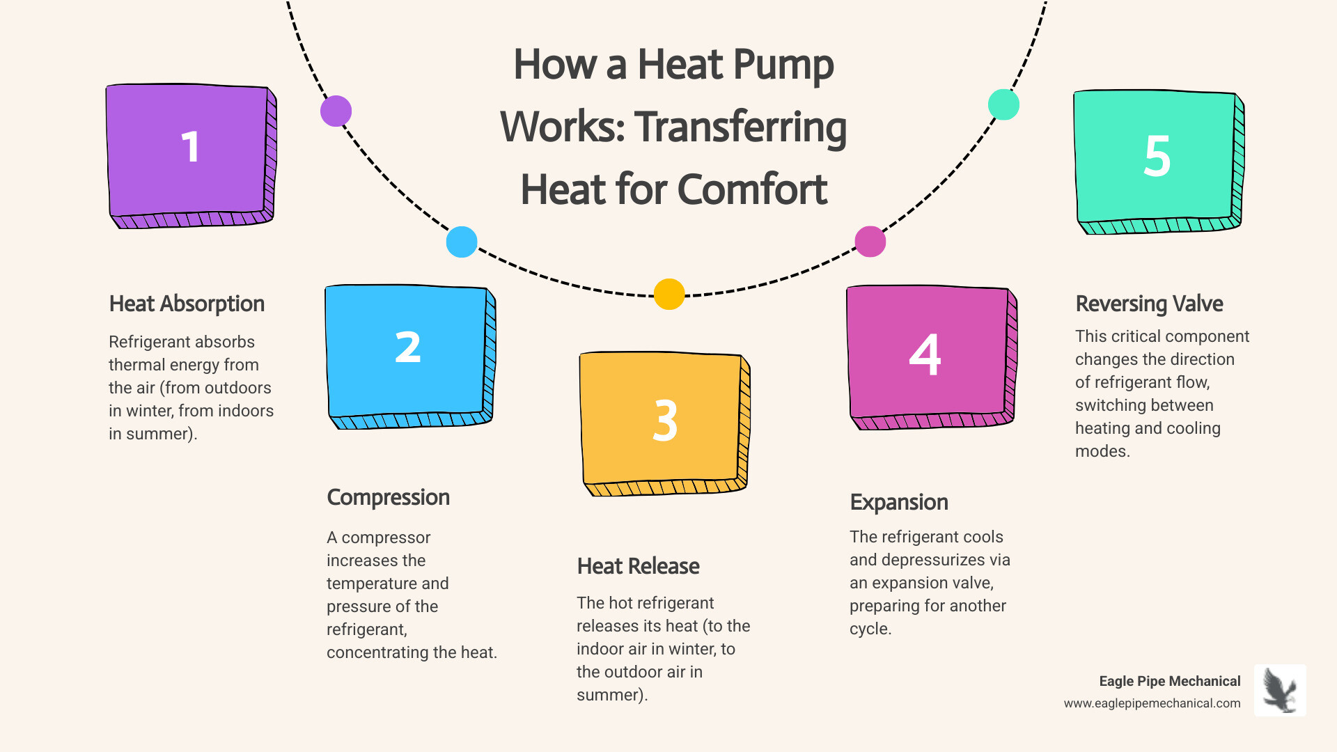 Infographic showing how a heat pump works in both heating and cooling modes, with arrows indicating heat transfer from outside to inside in winter and inside to outside in summer, including labels for key components like the compressor, refrigerant coils, and reversing valve - heat pump replacement in poulsbo, wa infographic process-5-steps-informal