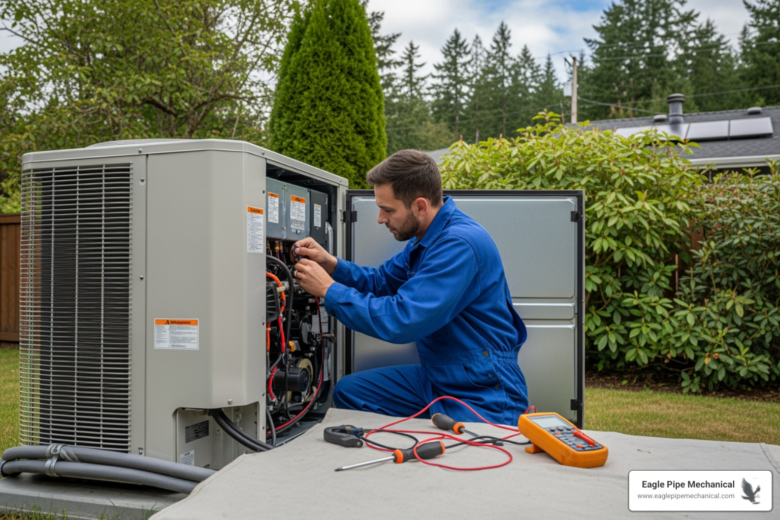 Infographic showing how a heat pump works in both heating and cooling modes, with arrows indicating heat transfer from outside air to inside during winter and the reverse during summer, plus annual maintenance checklist including coil cleaning, refrigerant check, electrical inspection, and filter replacement - heat pump tune-up in silverdale, wa