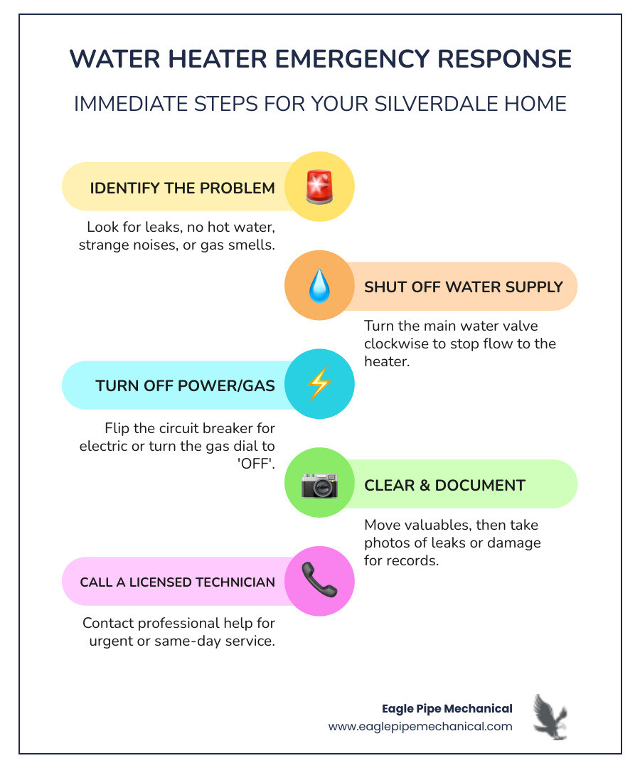 infographic showing water heater emergency response steps: 1. Identify the problem (leak, no hot water, strange noise, gas smell), 2. Shut off water supply at main valve, 3. Turn off power or gas to unit, 4. Clear area and document damage with photos, 5. Contact licensed technician for same-day service - 24 hour water heaters in silverdale, wa infographic infographic-line-5-steps-colors