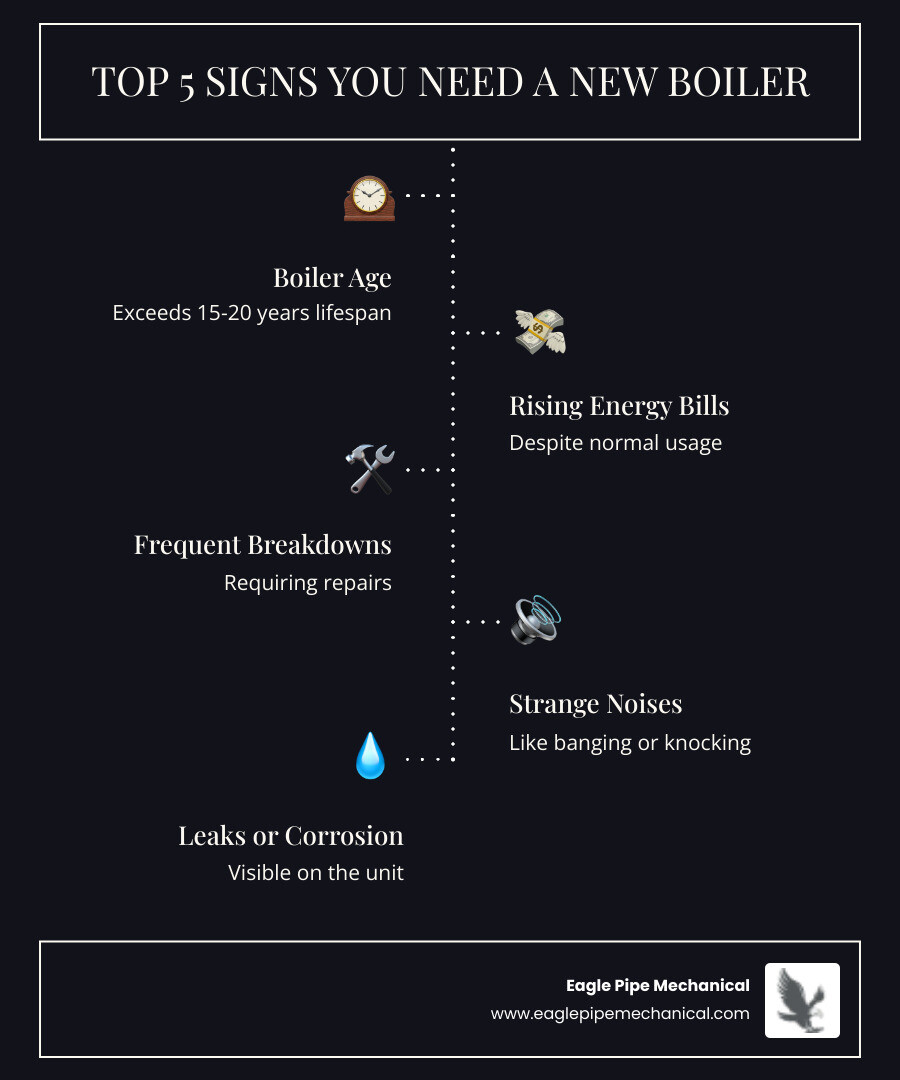 Infographic showing the top 5 signs you need a new boiler: 1) Boiler age exceeds 15-20 years, 2) Rising energy bills despite normal usage, 3) Frequent breakdowns requiring repairs, 4) Strange noises like banging or knocking, 5) Visible leaks or corrosion on the unit - boiler replacement in silverdale, wa infographic infographic-line-5-steps-dark