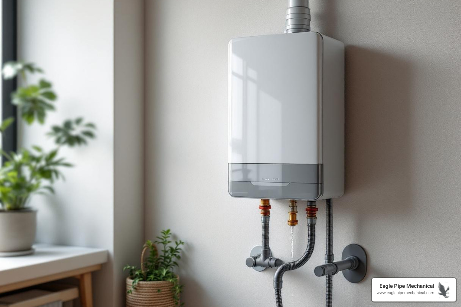 Infographic showing tankless water heater operation: cold water enters the unit, flows past a heating element or gas burner, and delivers hot water instantly to faucets without storage, with labels for energy efficiency, endless supply, and compact wall-mounted design - tankless water heater in poulsbo, wa Infographic showing tankless water heater operation: cold water enters the unit, flows past a heating element or gas burner, and delivers hot water instantly to faucets without storage, with labels for energy efficiency, endless supply, and compact wall-mounted design - tankless water heater in poulsbo, wa