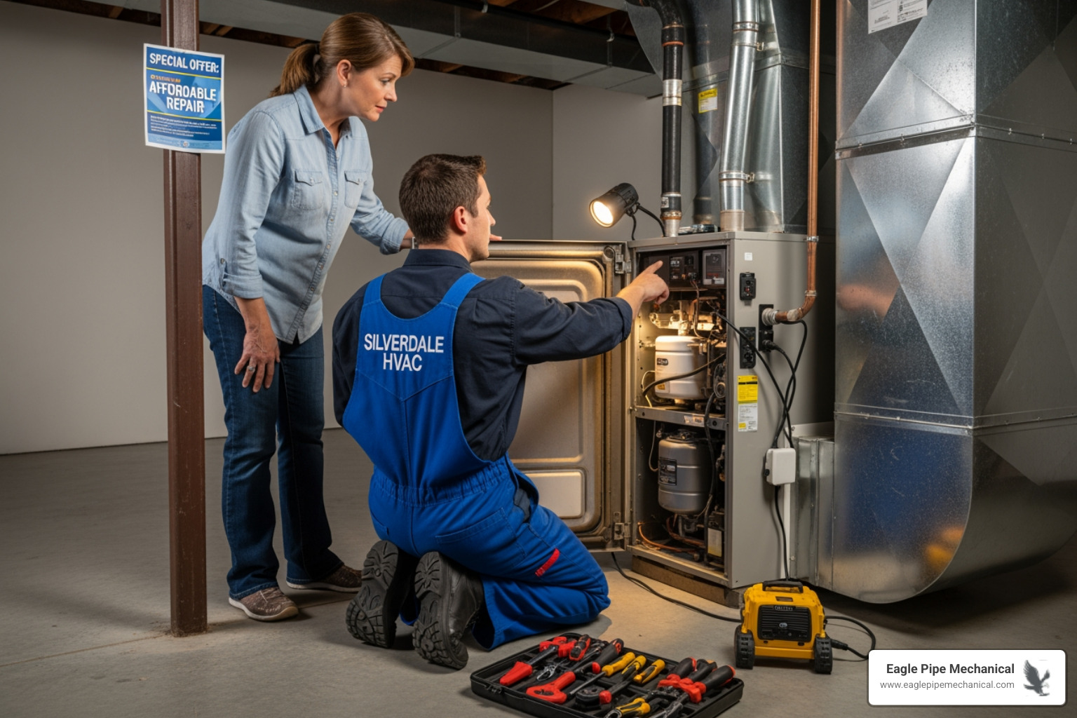 Infographic showing the top 5 signs your furnace needs repair: strange noises like banging or grinding, uneven heating throughout your home, yellow pilot light instead of blue, higher than normal energy bills, and strange odors like burning or gas smells - affordable furnace repair in silverdale, wa