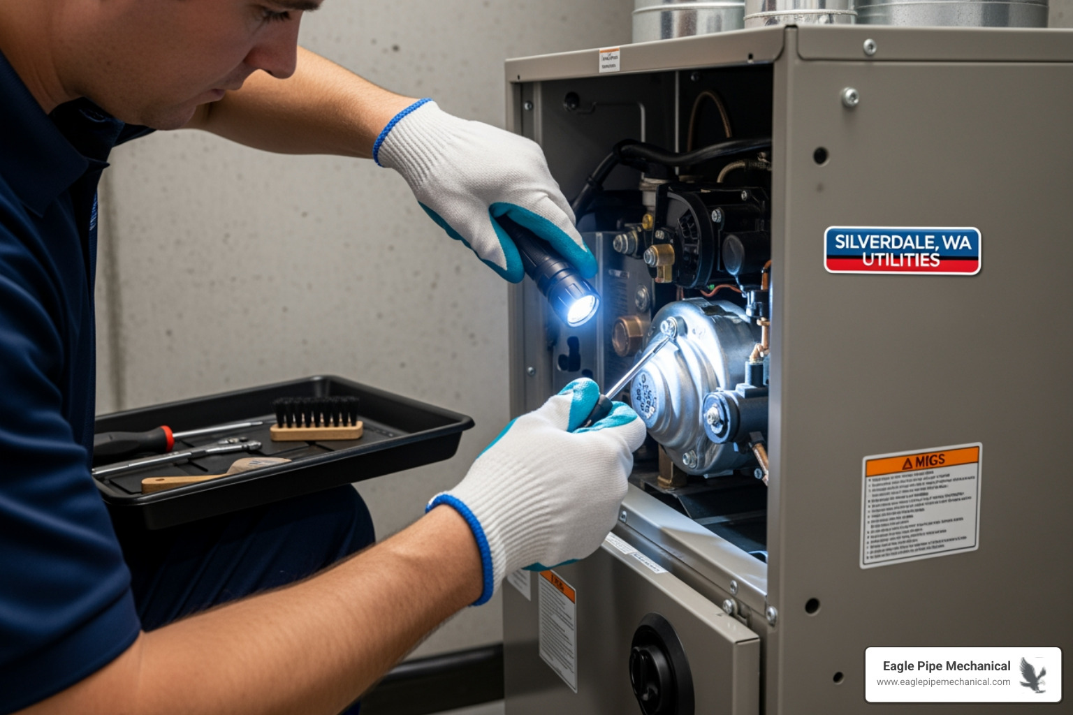 a technician inspecting a furnace - furnace tune-up silverdale wa