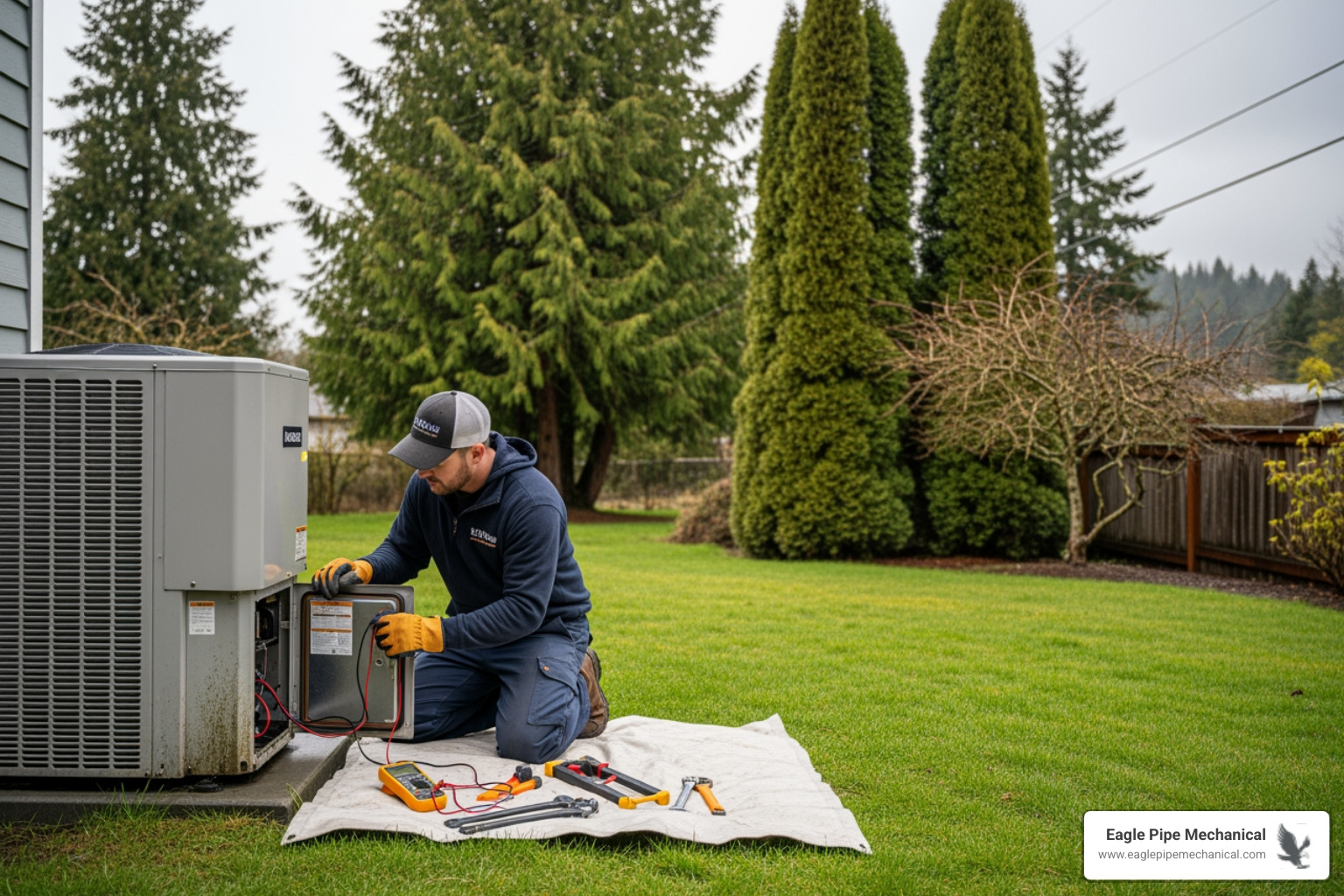 Infographic showing 5 urgent heat pump warning signs: 1) System won't start or runs nonstop 2) Grinding squealing or rattling noises 3) Ice buildup on outdoor coils 4) Burning or electrical odors 5) Sudden spike in energy bills with call-to-action to contact local HVAC professional - emergency heat pump tune-up in poulsbo, wa