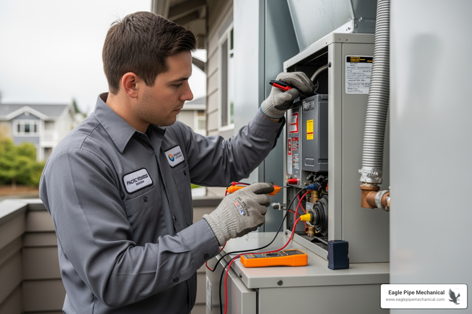 Infographic showing the main components of residential heating systems including furnace heat exchanger, blower motor, air filter, thermostat, and ductwork, with common failure points marked and maintenance requirements listed for Poulsbo WA climate conditions - heating repair poulsbo wa