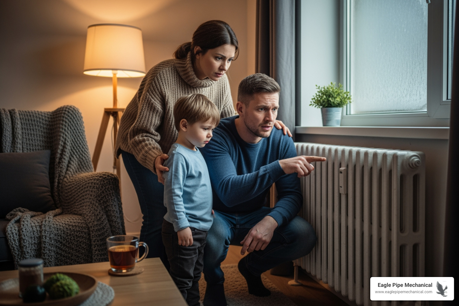 family looking concerned at a cold radiator in their Silverdale home - 24 hour boiler repair in silverdale, wa