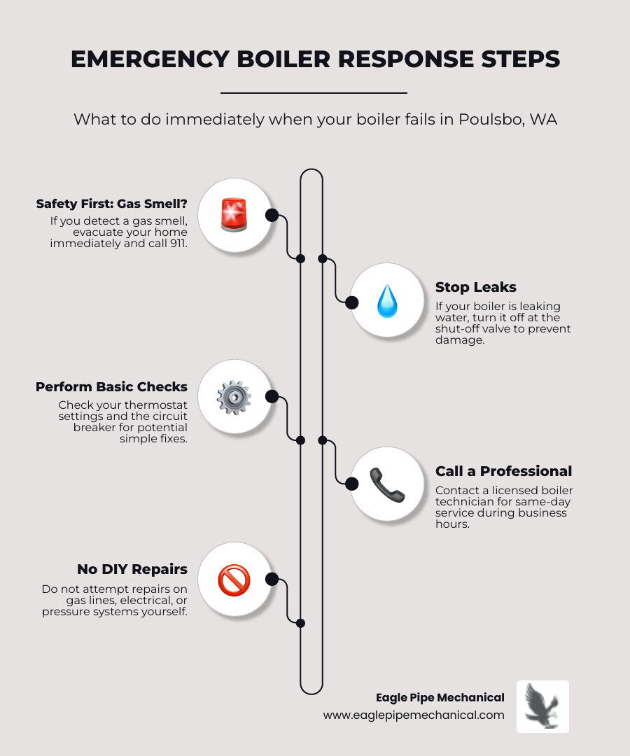 Infographic showing emergency boiler failure response steps: 1) Check for gas smell and evacuate if present, 2) Shut off water supply if leaking, 3) Turn off boiler power at circuit breaker, 4) Check thermostat settings, 5) Call licensed professional for same-day repair during business hours, 6) Never attempt DIY repairs on gas or electrical components - emergency boiler repair in poulsbo, wa infographic infographic-line-5-steps-elegant_beige