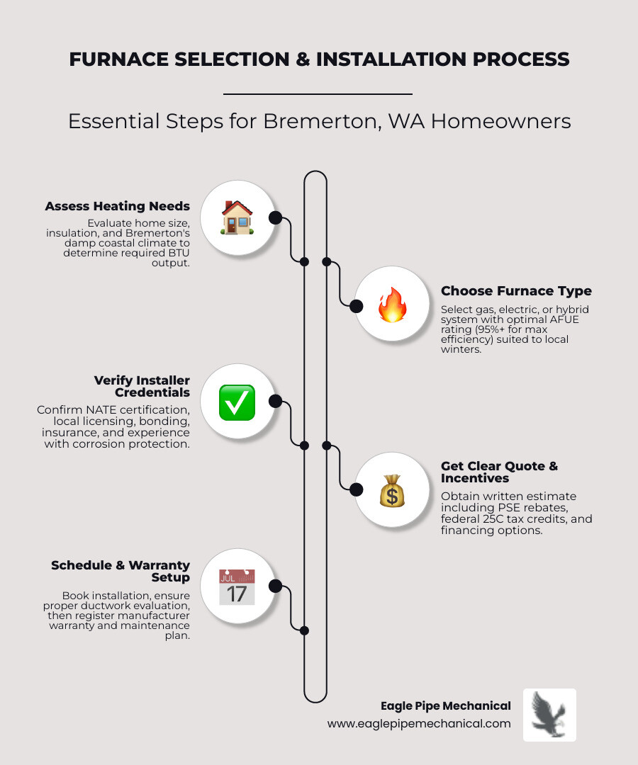 Infographic showing a step-by-step furnace selection and installation process for Bremerton WA homeowners, including steps: assess your home's heating needs, choose the right furnace type and efficiency rating, verify installer certifications and licensing, get a clear written quote, confirm rebate and financing options, schedule installation, and register your warranty - with icons for each step and a note about Bremerton's coastal climate considerations - "What's the best company for a new furnace installation in Bremerton, WA?" infographic infographic-line-5-steps-elegant_beige Infographic showing a step-by-step furnace selection and installation process for Bremerton WA homeowners, including steps: assess your home's heating needs, choose the right furnace type and efficiency rating, verify installer certifications and licensing, get a clear written quote, confirm rebate and financing options, schedule installation, and register your warranty - with icons for each step and a note about Bremerton's coastal climate considerations - "What's the best company for a new furnace installation in Bremerton, WA?" infographic infographic-line-5-steps-elegant_beige