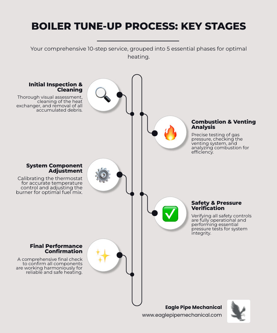 infographic showing the 10-step boiler tune-up process including inspection, cleaning heat exchanger, testing gas pressure, checking venting system, calibrating thermostat, testing safety controls, combustion analysis, pressure testing, burner adjustment, and final system verification - boiler tune-up experts in silverdale, wa infographic infographic-line-5-steps-elegant_beige infographic showing the 10-step boiler tune-up process including inspection, cleaning heat exchanger, testing gas pressure, checking venting system, calibrating thermostat, testing safety controls, combustion analysis, pressure testing, burner adjustment, and final system verification - boiler tune-up experts in silverdale, wa infographic infographic-line-5-steps-elegant_beige