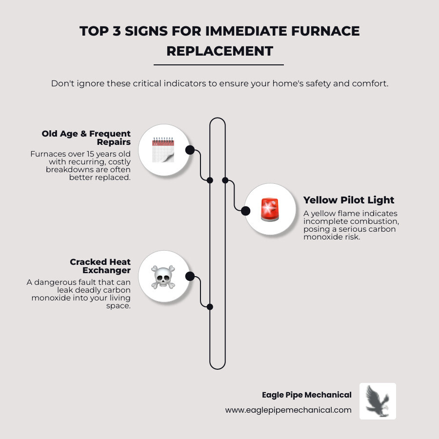 infographic showing three warning signs for immediate furnace replacement: furnace over 15 years old with frequent repairs, yellow pilot light indicating carbon monoxide danger, and cracked heat exchanger posing safety risk - 24 hour furnace replacement in poulsbo, wa infographic infographic-line-3-steps-elegant_beige infographic showing three warning signs for immediate furnace replacement: furnace over 15 years old with frequent repairs, yellow pilot light indicating carbon monoxide danger, and cracked heat exchanger posing safety risk - 24 hour furnace replacement in poulsbo, wa infographic infographic-line-3-steps-elegant_beige