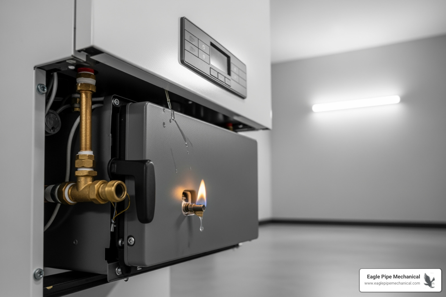 Infographic showing 5 warning signs your boiler needs immediate attention: visible water leaks around the unit, complete loss of heat or hot water, loud banging or whistling noises, foul odors or gas smell, and yellow pilot light instead of blue - 24 hour boiler maintenance in silverdale, wa