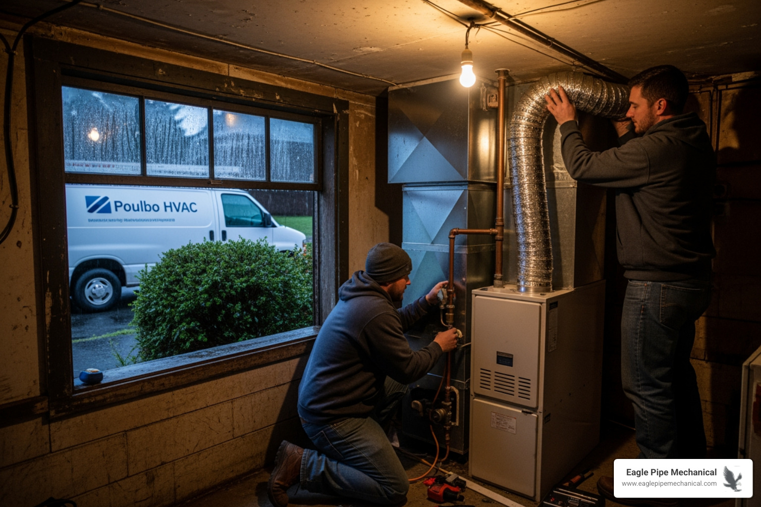 Infographic showing 4 immediate steps when your furnace dies: Step 1 shows a thermostat with settings highlighted, Step 2 displays an electrical panel with circuit breakers, Step 3 illustrates open floor vents with airflow arrows, Step 4 shows a professional HVAC technician with tools responding to a call - emergency furnace installation in poulsbo, wa