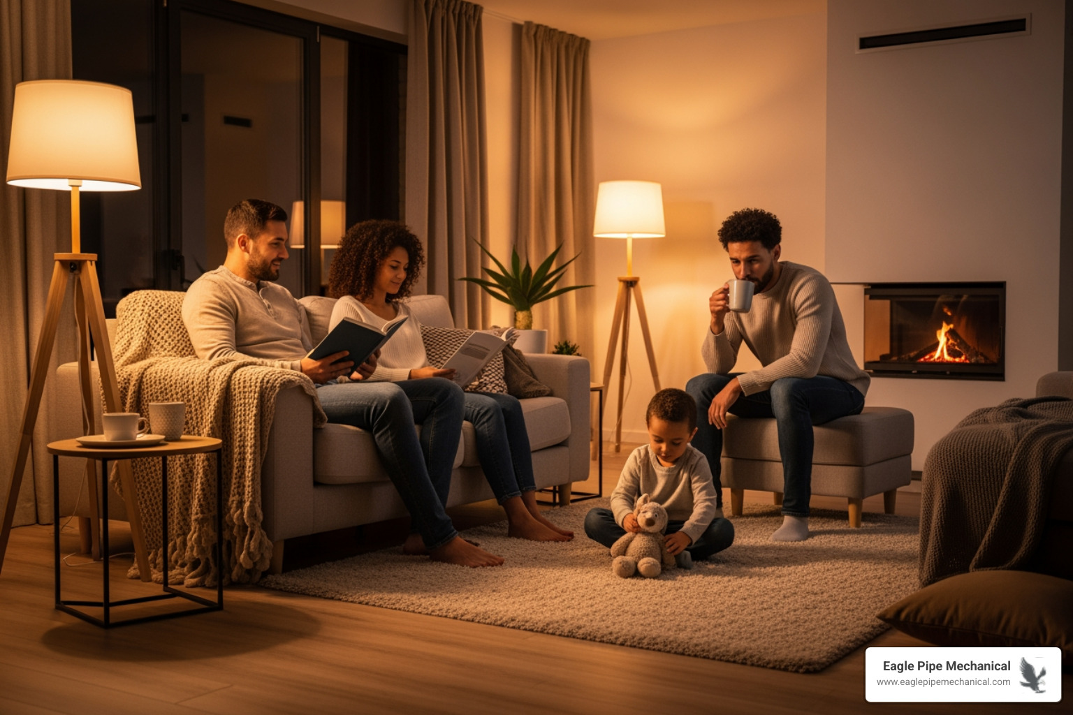 Infographic showing three key benefits of new high-efficiency boilers: first panel shows dollar signs with downward arrow representing up to 30% annual energy savings, second panel depicts a comfortable family in warm home representing consistent even heating throughout the house, third panel shows house with upward trending value arrow representing increased home resale value - boiler installation in silverdale, wa Infographic showing three key benefits of new high-efficiency boilers: first panel shows dollar signs with downward arrow representing up to 30% annual energy savings, second panel depicts a comfortable family in warm home representing consistent even heating throughout the house, third panel shows house with upward trending value arrow representing increased home resale value - boiler installation in silverdale, wa