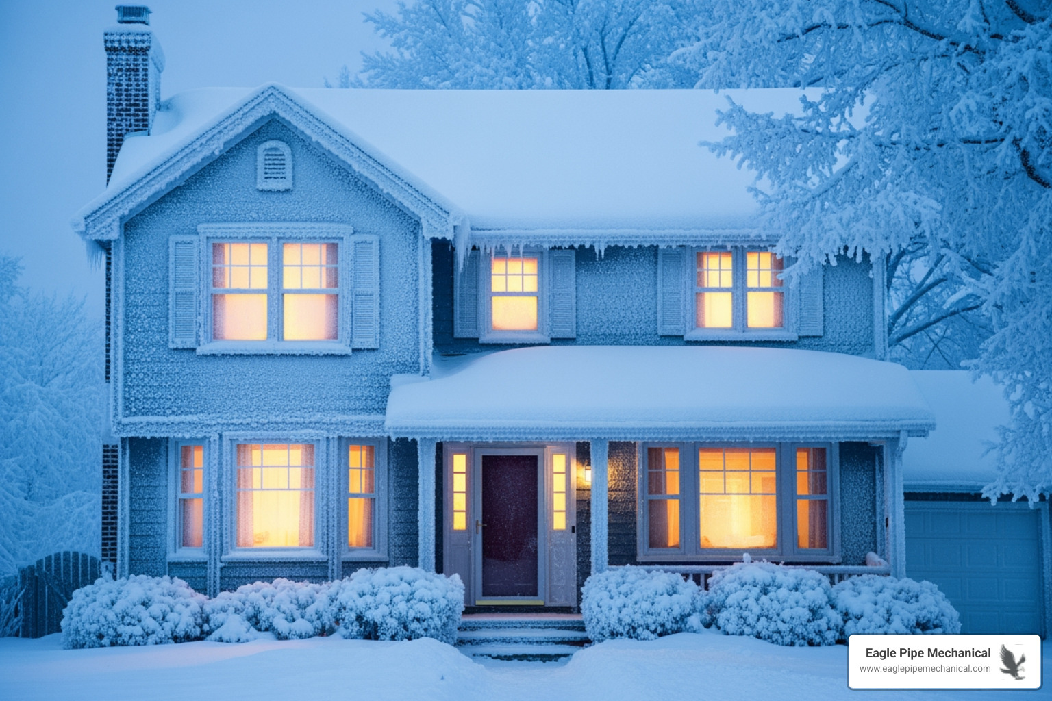 A frost-covered home in Poulsbo, WA, with warm light emanating from the windows, emphasizing the need for heating - same day heating replacement in poulsbo, wa