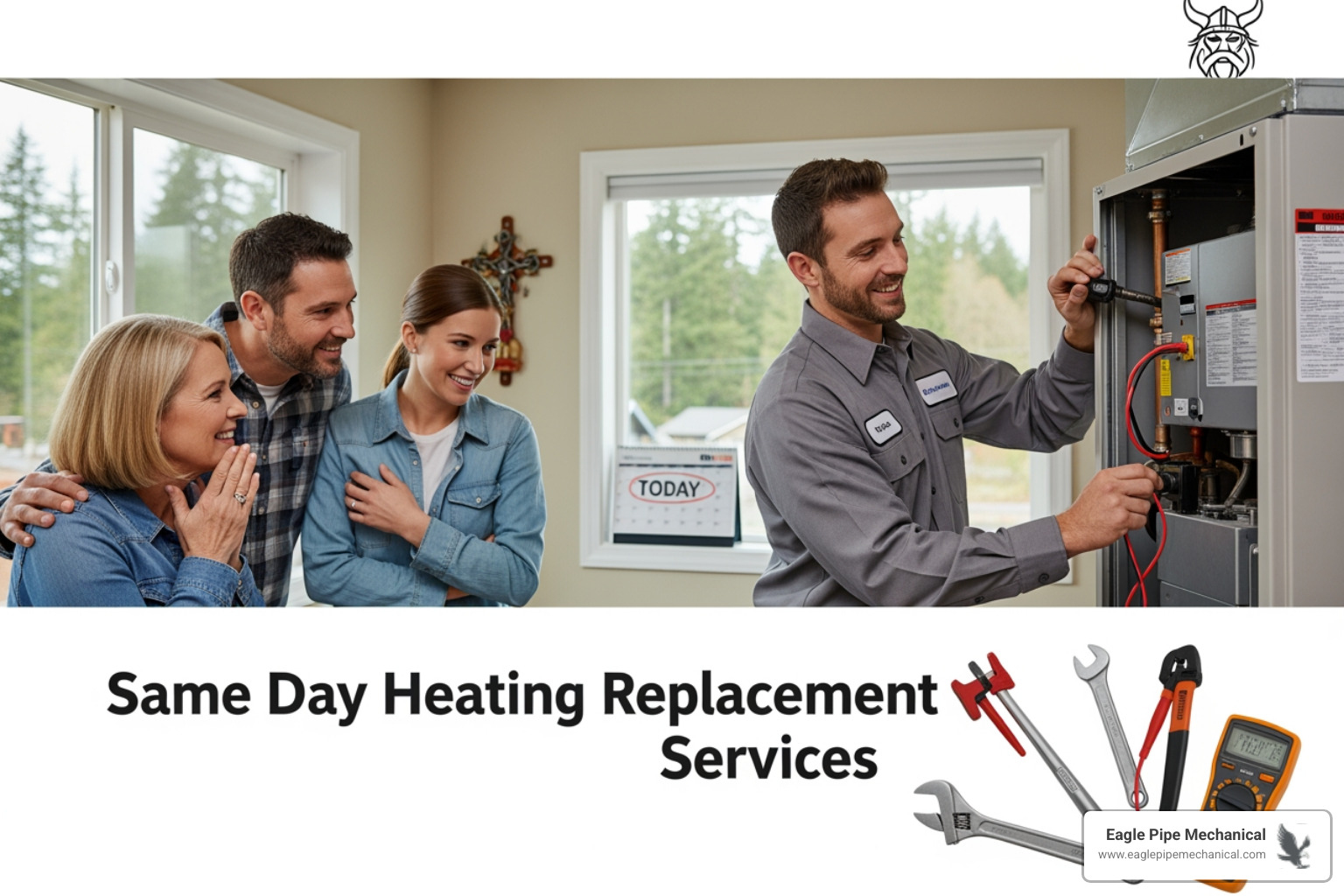 Infographic showing heating system warning signs: system age over 15 years, frequent repairs in past 2 years, yellow pilot light flame, loud banging or grinding noises, carbon monoxide detector alerts, and rising energy bills—all indicators that same day replacement may be necessary - same day heating replacement in poulsbo, wa