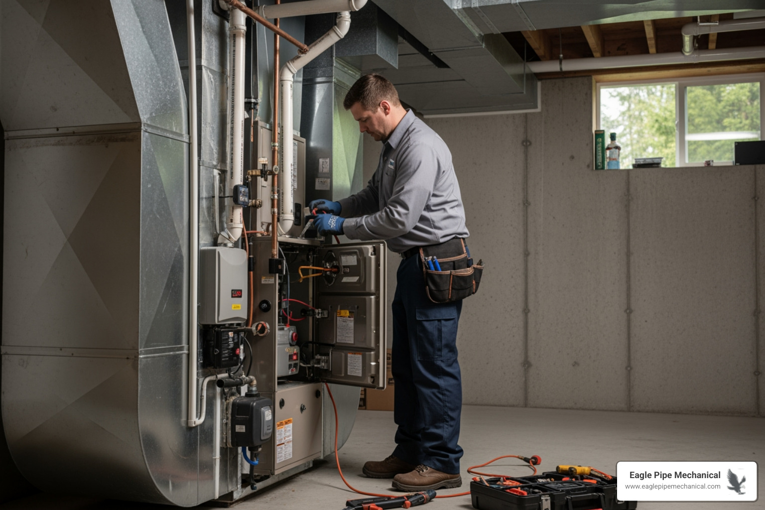 Infographic showing 5 key signs your heating system needs a check-up: 1. System produces no heat or insufficient warmth 2. Strange noises like banging, whistling, or clicking 3. Frequent on-off cycling or runs constantly 4. Unexplained spike in utility bills 5. Pilot light goes out repeatedly or thermostat doesn't respond - heating service poulsbo wa