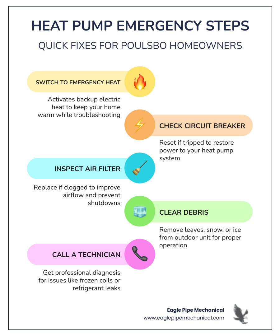 Infographic showing heat pump emergency steps, defrost cycle explanation, and emergency heat mode for Poulsbo homeowners Infographic showing heat pump emergency steps, defrost cycle explanation, and emergency heat mode for Poulsbo homeowners
