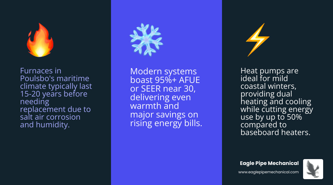 Infographic showing heating system lifespans, efficiency ratings, and energy savings for Poulsbo WA homeowners - top rated Infographic showing heating system lifespans, efficiency ratings, and energy savings for Poulsbo WA homeowners - top rated