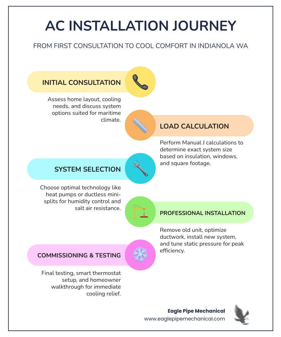 Infographic showing AC installation journey in Indianola WA from consultation to final cooling - ac installation indianola Infographic showing AC installation journey in Indianola WA from consultation to final cooling - ac installation indianola