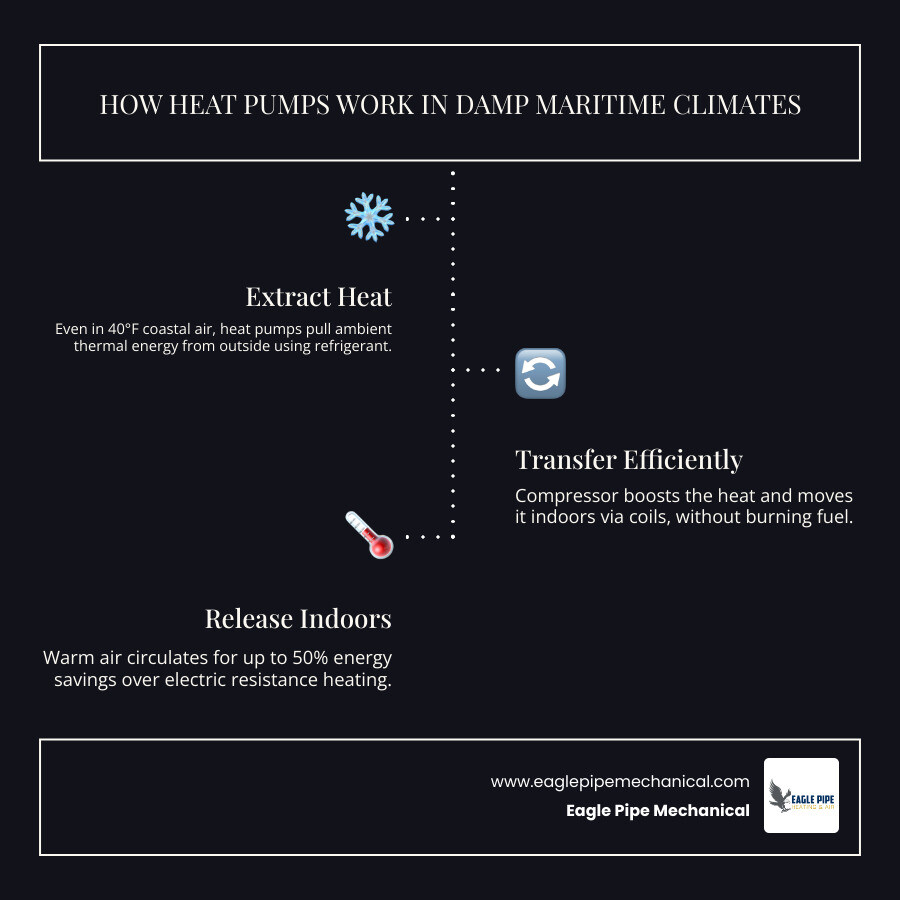 Infographic showing how heat pumps work in the Olympic and Kitsap Peninsula's damp maritime climate - best hvac setup for Infographic showing how heat pumps work in the Olympic and Kitsap Peninsula's damp maritime climate - best hvac setup for