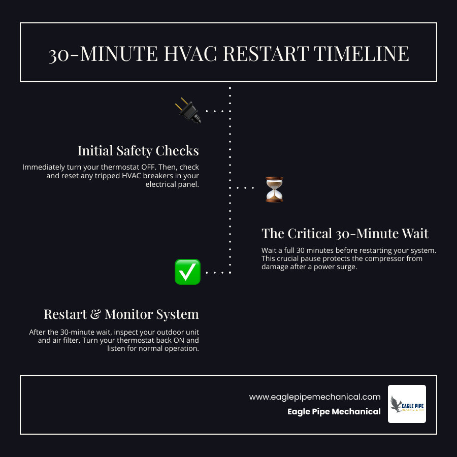 Infographic showing the 30-minute HVAC restart timeline after a power outage with step-by-step visual guide - what to check Infographic showing the 30-minute HVAC restart timeline after a power outage with step-by-step visual guide - what to check