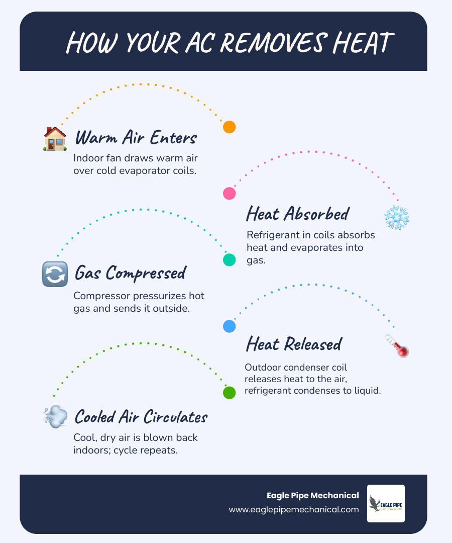 Infographic showing the 6-step air conditioning heat removal cycle from indoor air to outdoor release - how your air Infographic showing the 6-step air conditioning heat removal cycle from indoor air to outdoor release - how your air