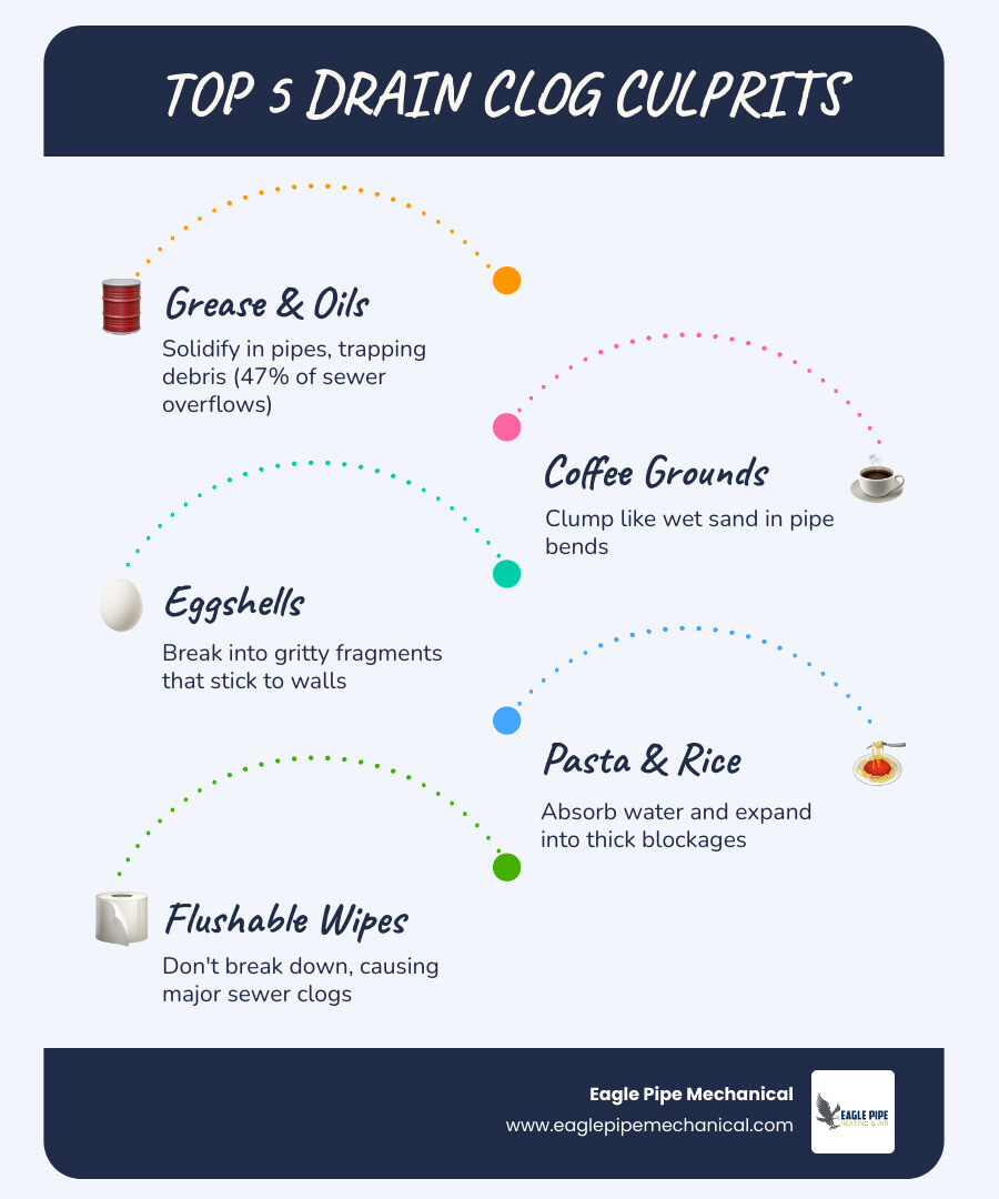 Infographic showing common drain-clogging items like grease, wipes, and coffee grounds and their effects on home pipes Infographic showing common drain-clogging items like grease, wipes, and coffee grounds and their effects on home pipes