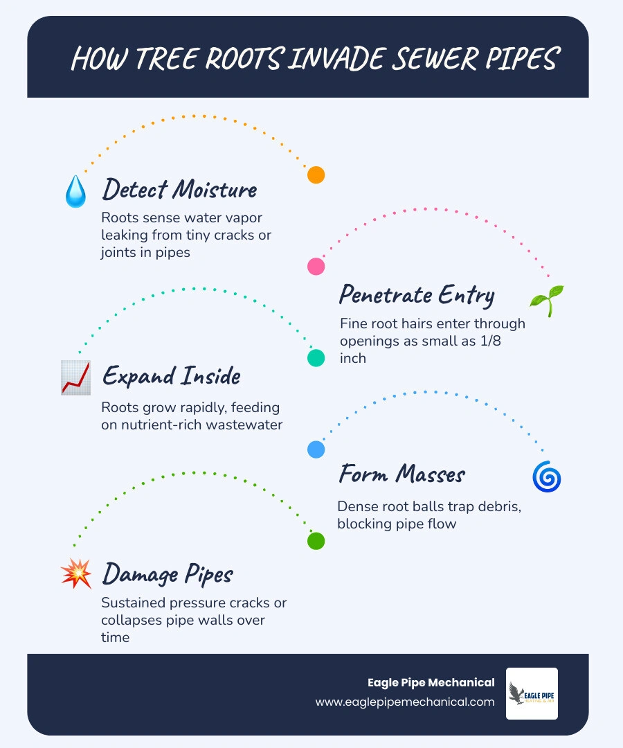 Infographic showing how tree roots detect and invade sewer pipes step by step with pipe material vulnerability infographic
