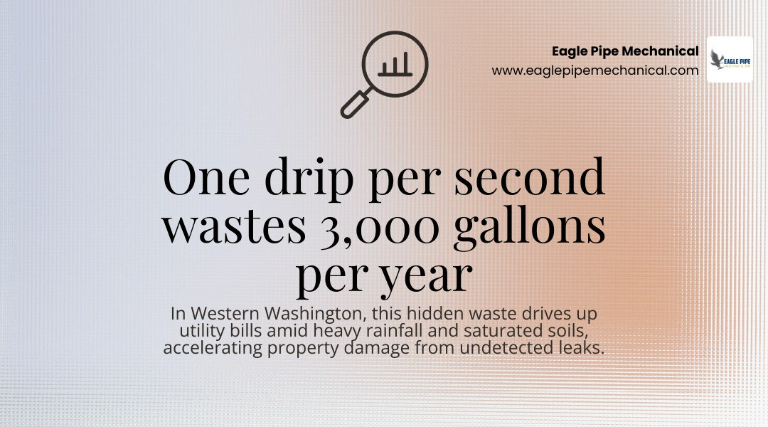 Infographic showing one drip per second wastes 3,000 gallons per year and its impact on Western Washington utility bills