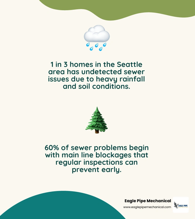 Infographic showing PNW sewer inspection frequency by home age, cleaning schedule, and warning signs infographic