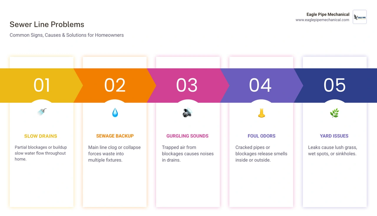 Infographic showing common sewer line problems, their causes, and repair solutions for homeowners infographic