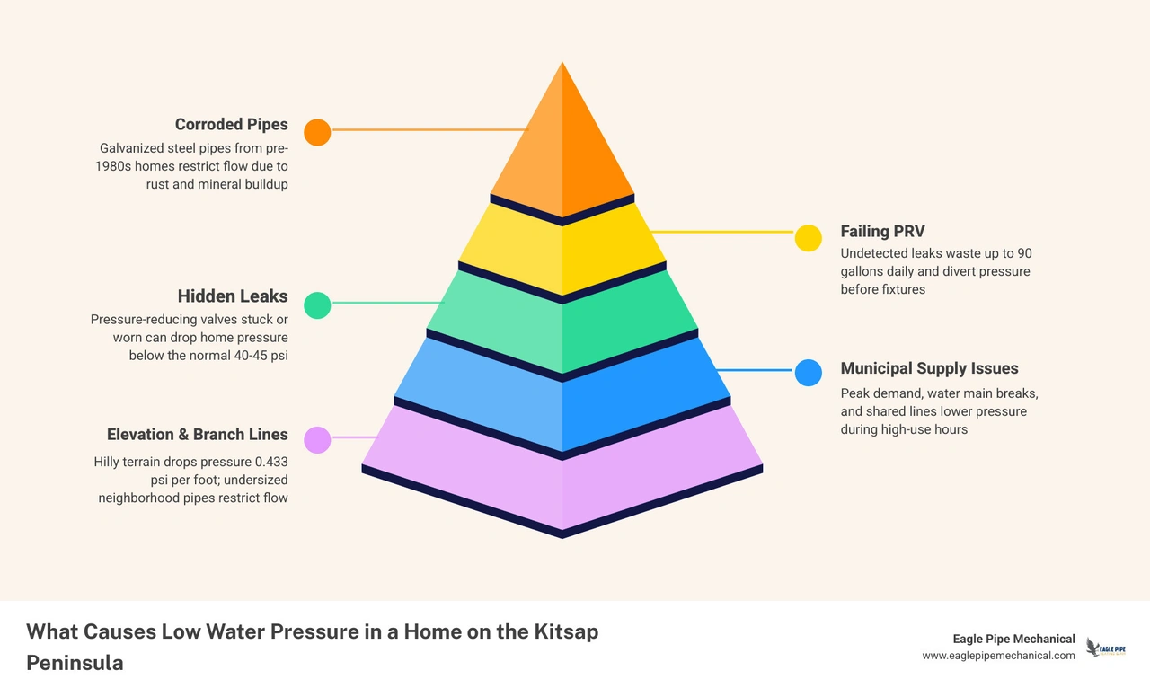 Common causes of low water pressure in a Kitsap Peninsula home from pipes to PRV to municipal supply infographic