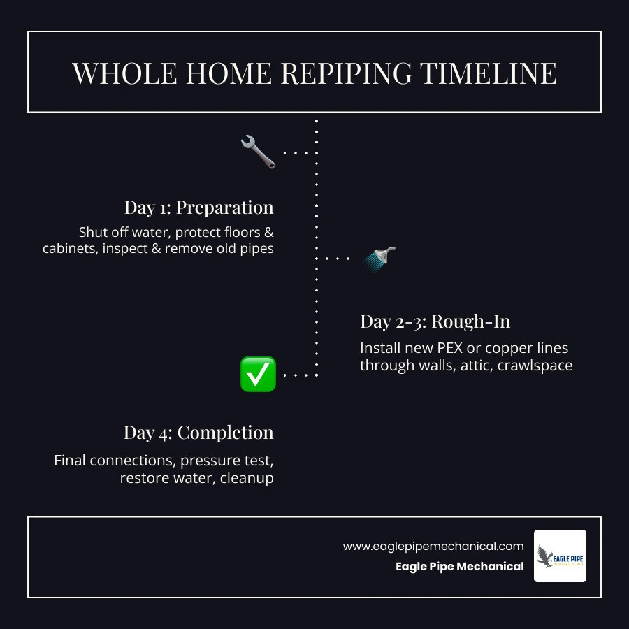 Infographic showing step-by-step whole home repiping timeline from day 1 to completion infographic Infographic showing step-by-step whole home repiping timeline from day 1 to completion infographic