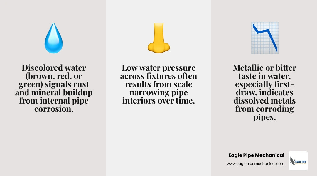 Infographic showing 8 warning signs of internal pipe corrosion including discolored water, metallic taste, low pressure, and Infographic showing 8 warning signs of internal pipe corrosion including discolored water, metallic taste, low pressure, and