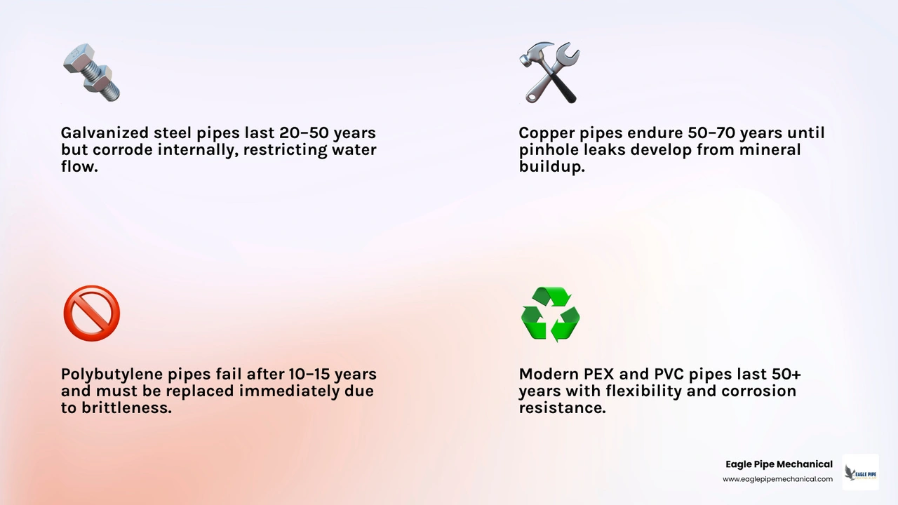 Infographic showing pipe lifespan by material type and key repiping warning signs by age infographic Infographic showing pipe lifespan by material type and key repiping warning signs by age infographic
